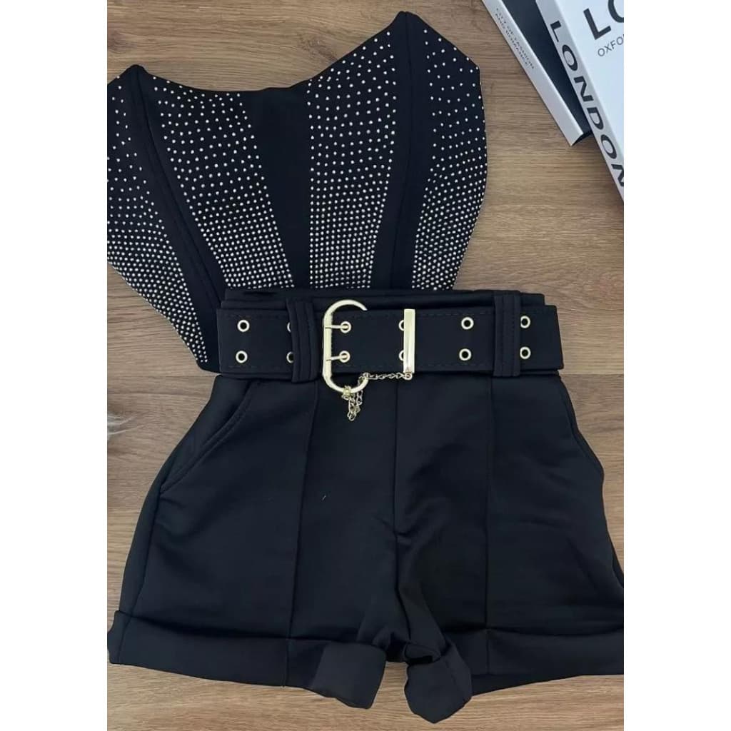 Conjunto Cropped corset e Short apricação strass com zipe