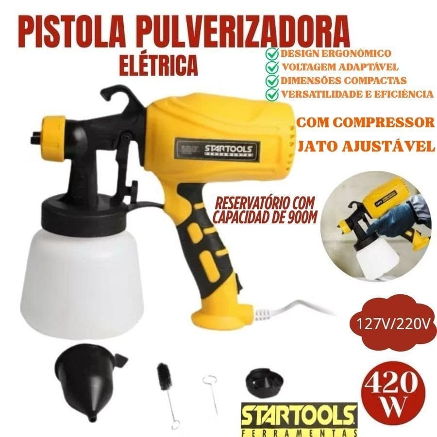 Pistola Pulverizadora 420W 220V Ou 127V Com Botão De Liga Desliga E Compressor Jato Ajustável