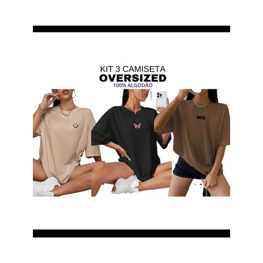 Kit 3 Camiseta feminina over  Algodão academia treino estilo dia a dia tendencia atemporal