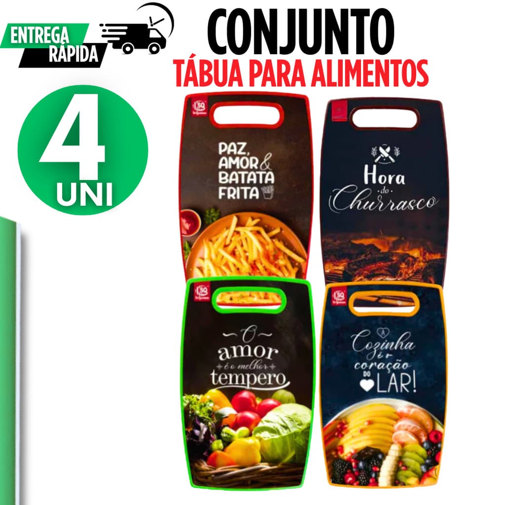 Conjunto 04 Tabua de alimentos Estampada Tábua de Corte Multiuso Resistencia Garantida Durabilidade