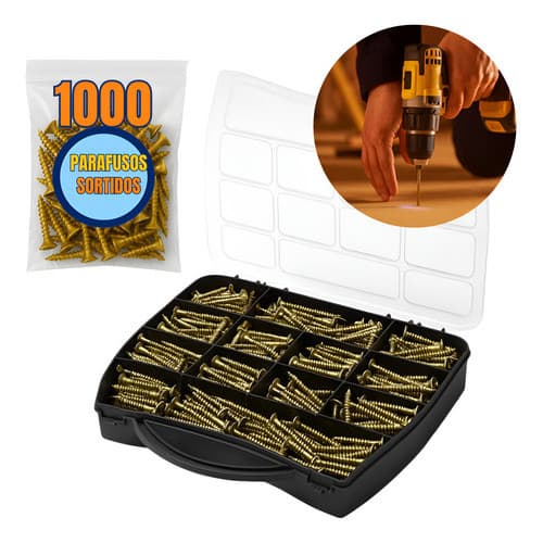 Kit Combo 1000 pçs Parafusos Reforçado Chipboard Philips + Maleta Cx estojo organizador