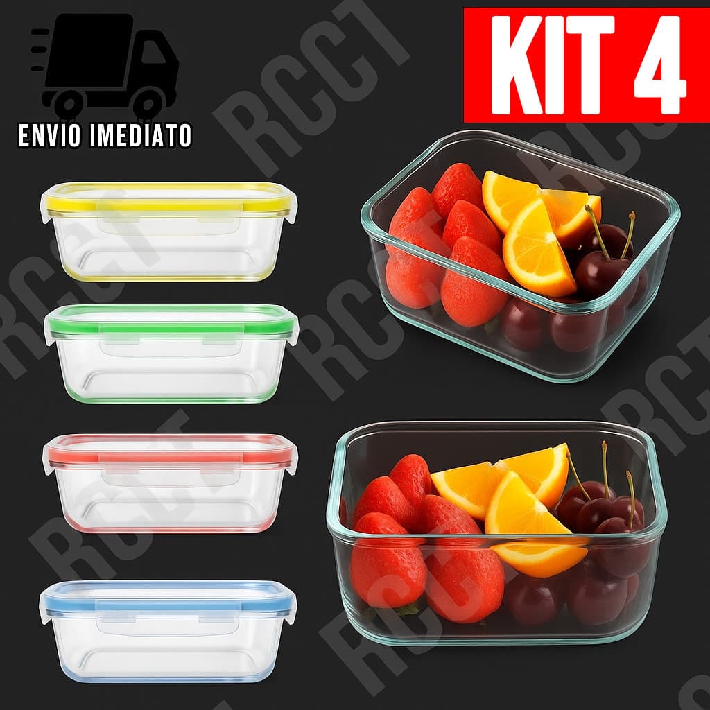 Kit 4 Pote de Vidro Refratário 1040ml com Tampa Hermética  Freezer e Micro-ondas
