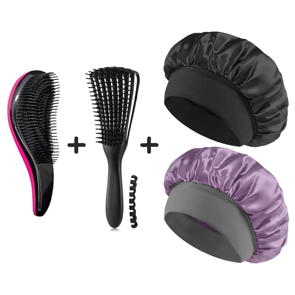 Kit Capilar 4 Peças – 2 Toucas de Cetim Antifrizz + Escova Mágica + Escova Polvo (Cores Sortidas)