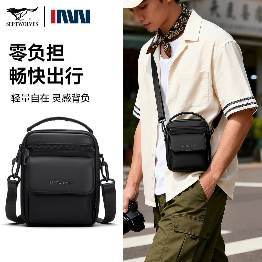 Sete lobos bolsa mensageiro masculina 2026 novo estilo bolsa de ombro masculina passeio bolsa portátil mochila leve bols