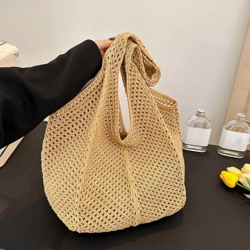 Bolsa de crochê, bolsa de ombro feminina de malha macia e vazada, casual e espaçosa.