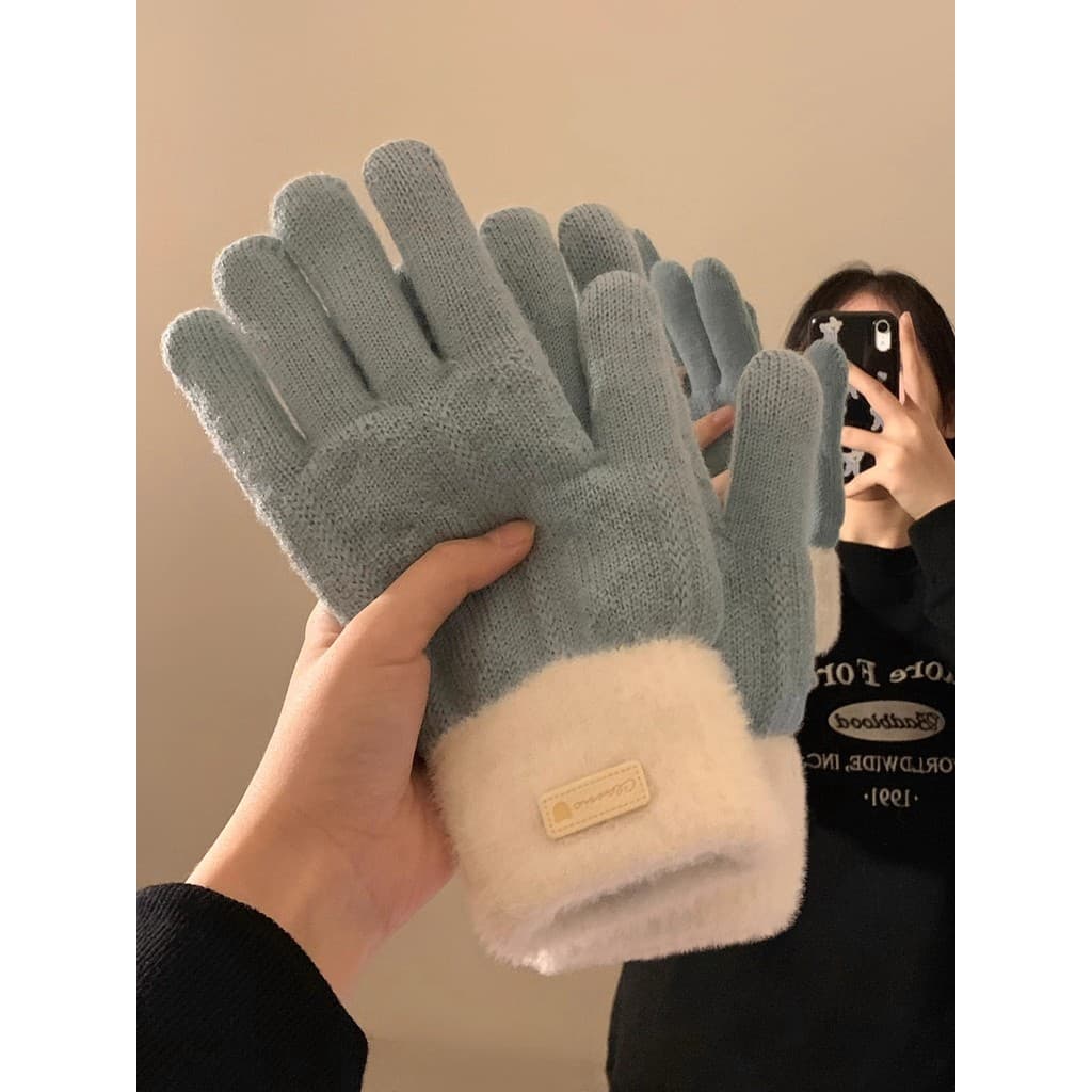 Bonito cor correspondente tela de toque de pelúcia malha luvas de cinco dedos feminino inverno calor forro de lã engross