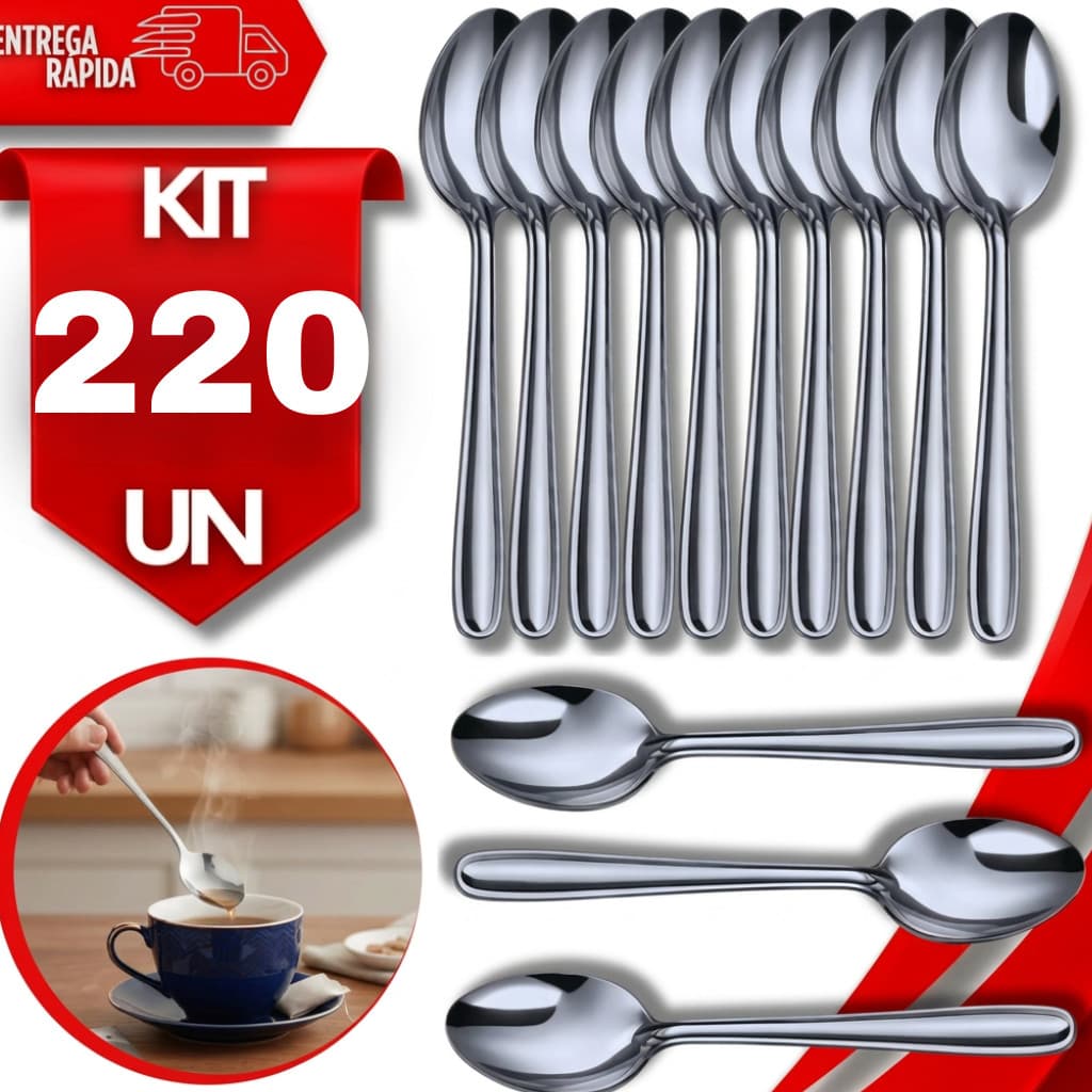 Kit 220 Colheres de Chá Inox Aço Inoxidável Resistente Cafeteria Restaurante Hotel Bar Refeitório Alta Qualidade
