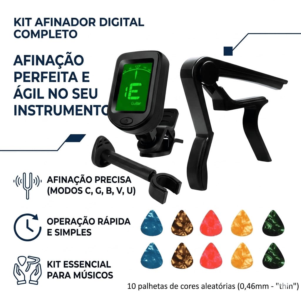 Kit Afinador de Instrumentos Digital Cromático para Violão Guitarra Baixo Clip Alta Sensibilidade