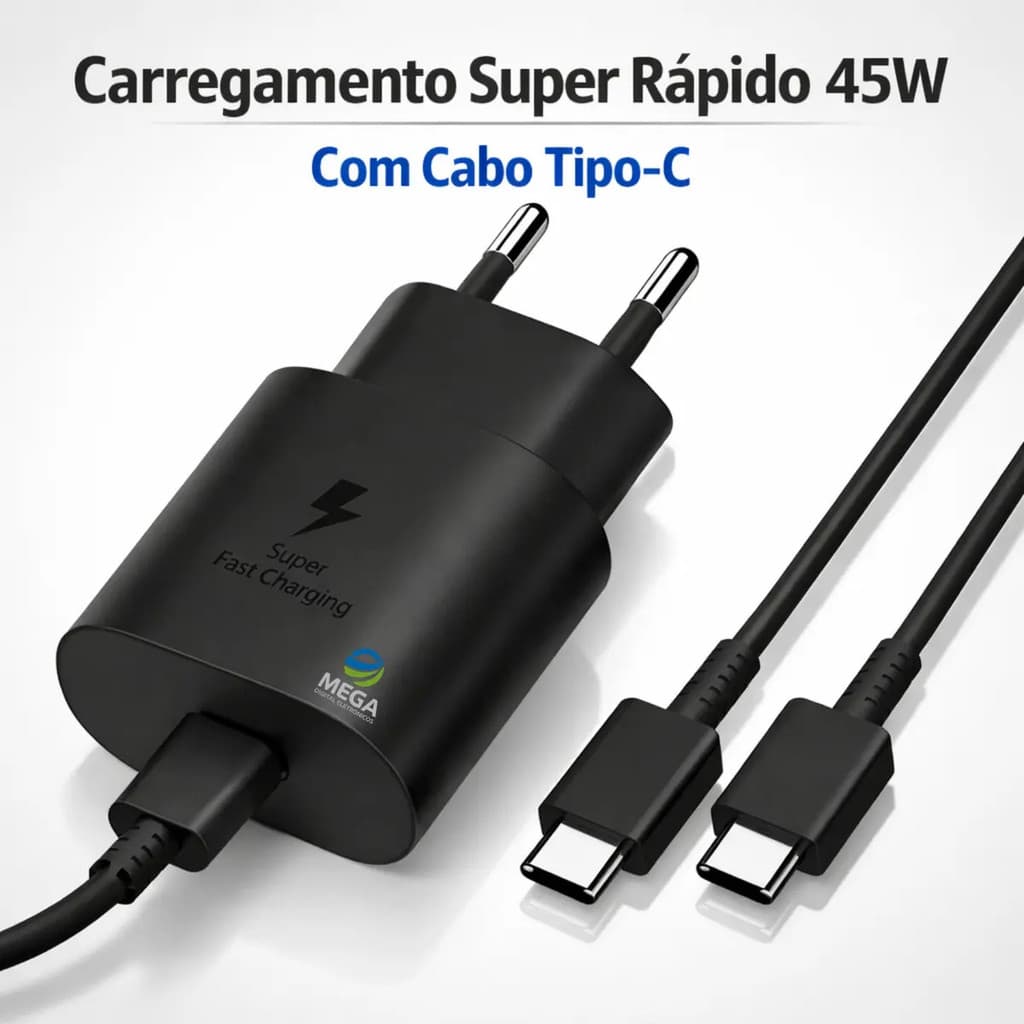 Carregador Turbo 45w Universal para Samsung com Cabo USB-C de 1m Preto