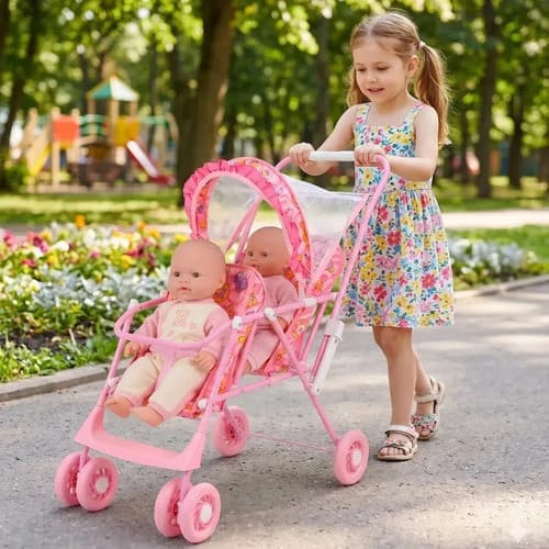 Carrinho De Boneca Gêmeos Mep Kids Rosa Dobrável Com Capota 68x37x69 Cm