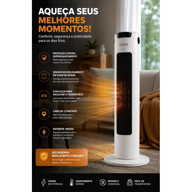 Aquecedor Elétrico Torre Quanta 2000w 110/220vPortátil com Proteção e Desligamento Automático