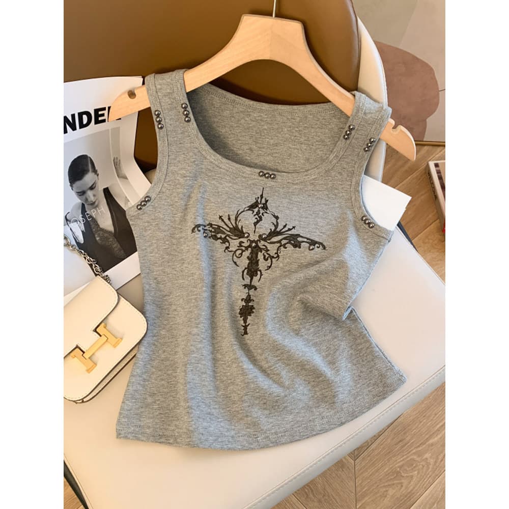 Cinza esportes camisola feminina verão 2026 novo estilo interior wear exterior frisado em forma de I sem mangas Bottomin