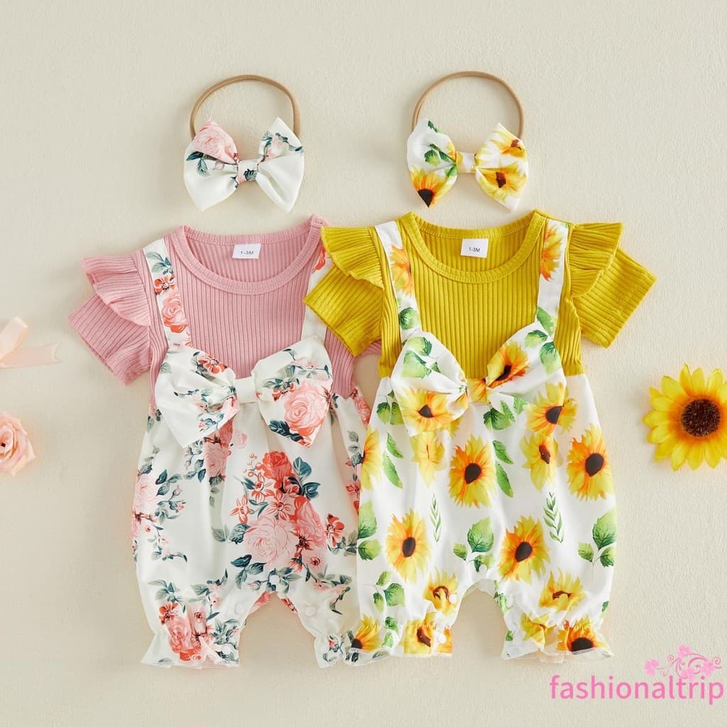 [FaSh] Macacão Para Bebês Meninas Com Estampa Floral Patchwork Manga Curta Lindo Conjunto De Faixa De Cabeça