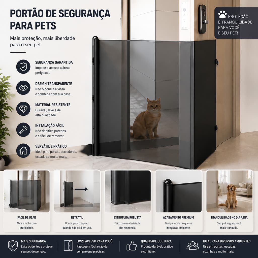 Tela Portão Barreira Separador de Proteção para Cachorro Gato Bebê Cerca Ajustável Anti-pulo Tela Pet Retrátil