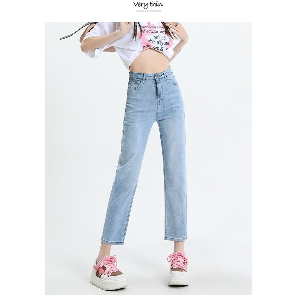 Calça Jeans reta de cintura alta azul claro, feminina, pequena, oito pontos, alta elasticidade, tamanho grande, gordura
