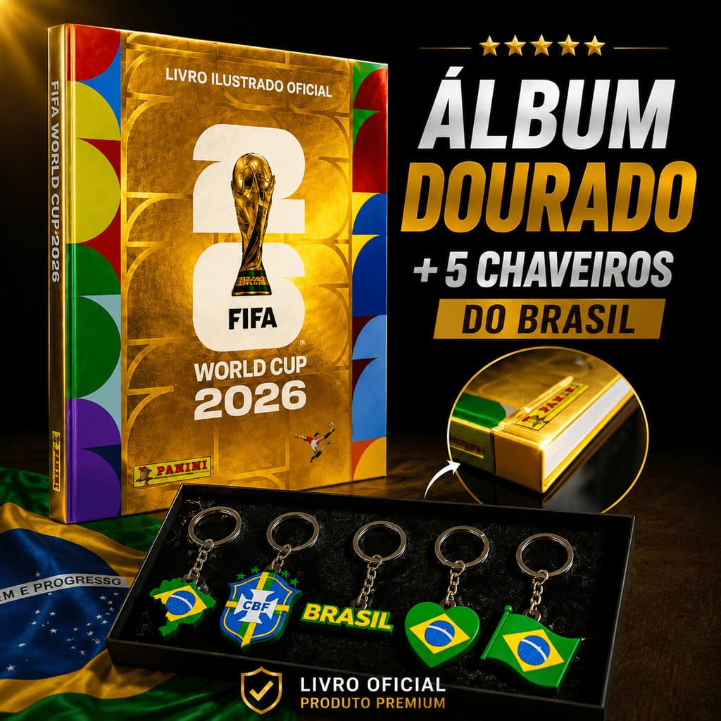 Álbum Capa Dura Dourado Copa do Mundo 2026 Oficial FIFA Panini + 5 Chaveiros do Brasil | Livro Ilustrado