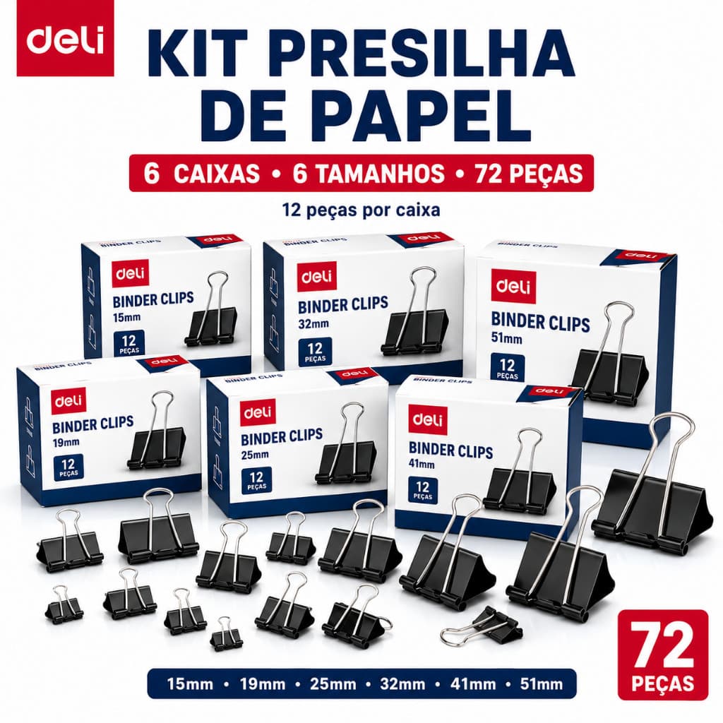 Kit Presilha Borboleta Deli Binder Clip 5 Caixas 60 Peças 15/19/25/32/41mm Preto