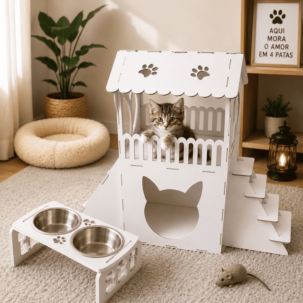 Casinha de Gato MDF CRU 2 Andares c Rampa Arranhador Telhado Cor Branca Gato Madeira Grande Dormir