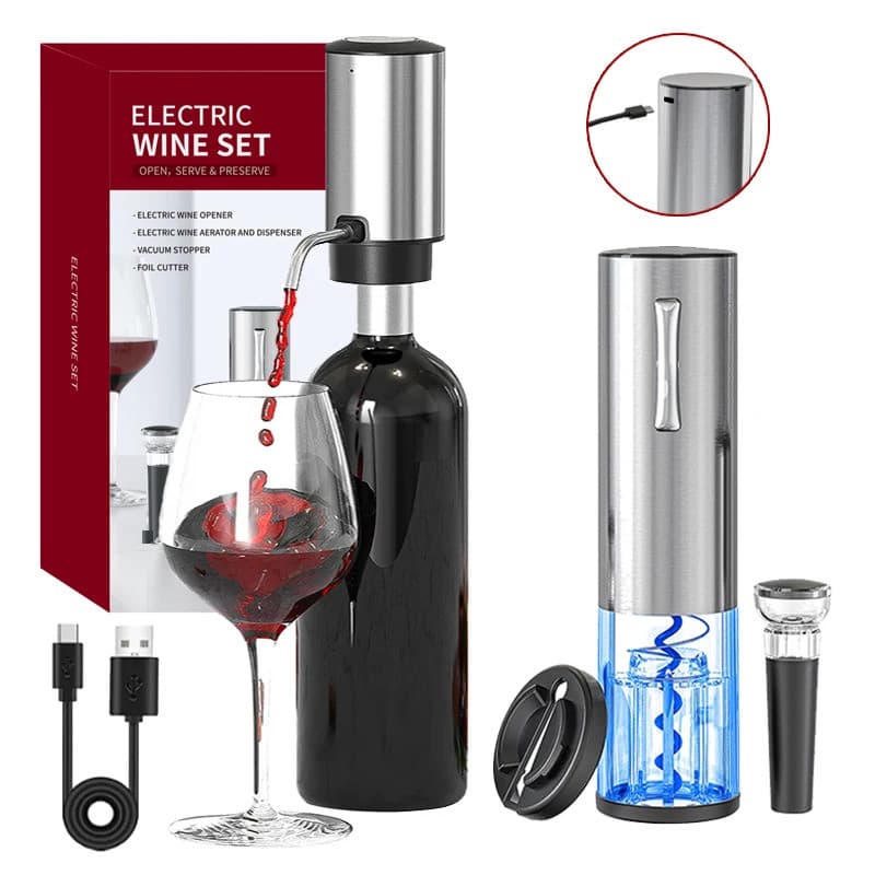 Conjunto de Abridor de Vinho Elétrico 4 em 1 com Decantador e Aerador Elétrico, Abridor de Garrafas de Vinho Recarregáve