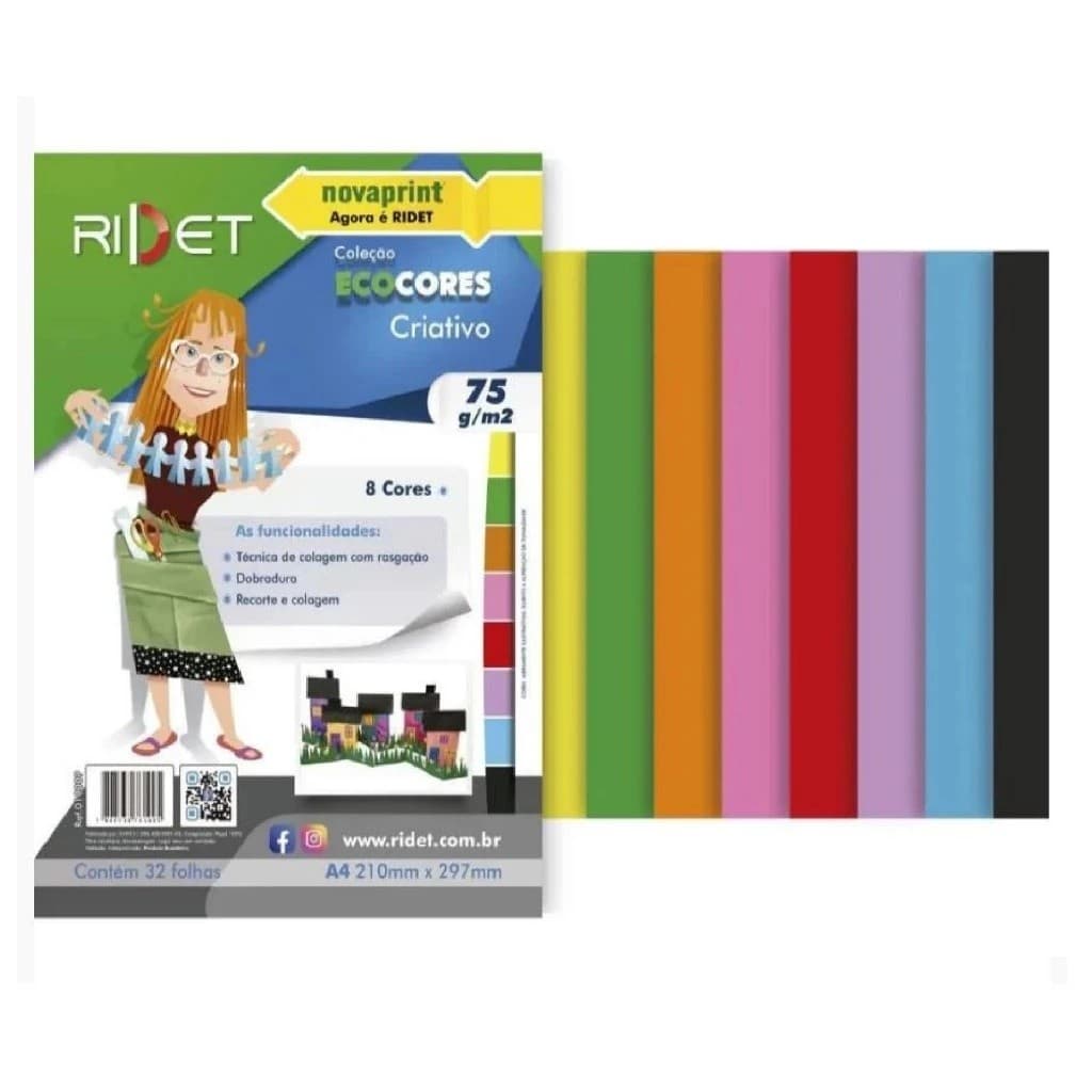 Papel Colorido Criativo A4 Ridet 75g com 32 Folhas e 8 Cores – Ideal para Artesanato, Colagem e Trabalhos Escolares
