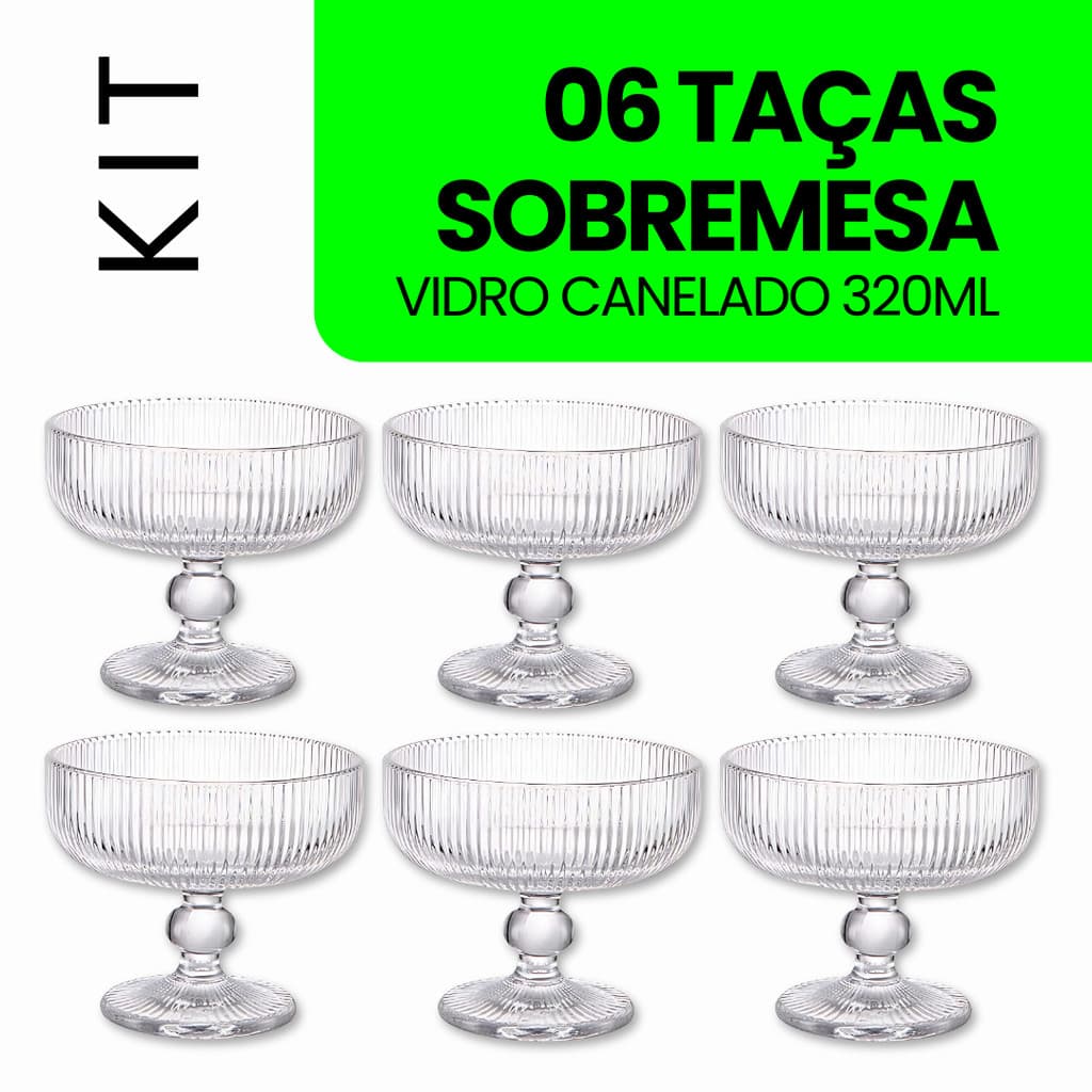 Jogo 6 Taças Sobremesa Vidro Canelado l 320ml l Taça Sorvete Açai 320 ml