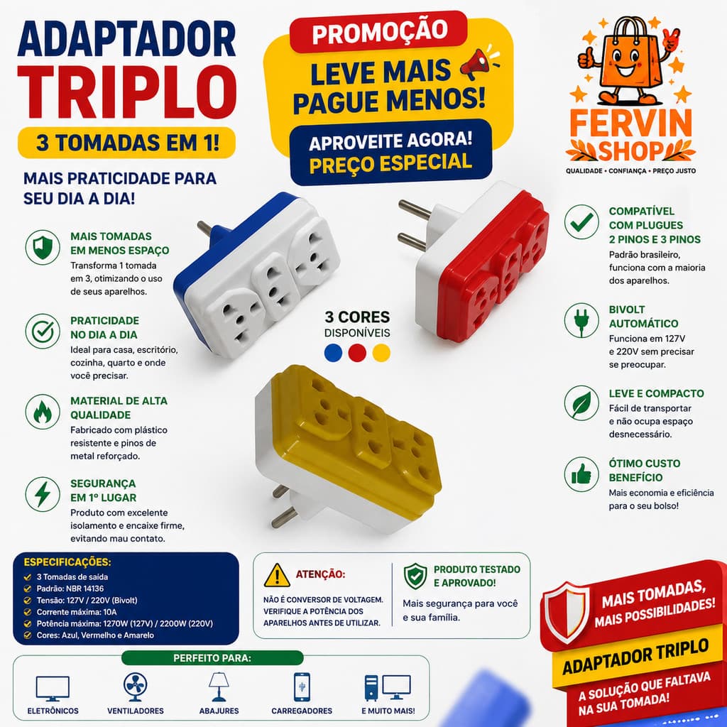 KIT ADAPTADOR BENJAMIM DE TOMADA TRIPLO QUADRADO PADRÃO
