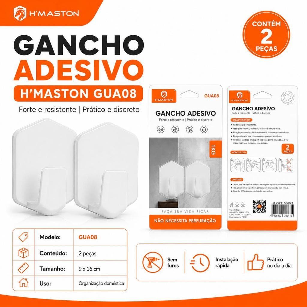 Gancho Adesivo HMaston GUA08 Florido em Plástico, Kit com 2 Peças, Sem Perfuração, Branco ou Café, Embalagem 90×160mm