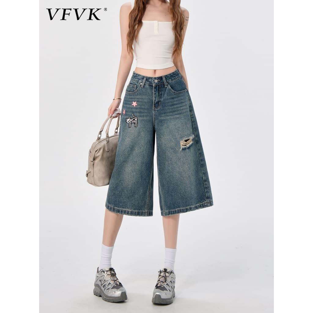 Vfvk Retro Jeans 2026 Novas Calças Femininas de Perna Larga Pequenas Calças de Perna Média Calças de Cinco Pontos de Per