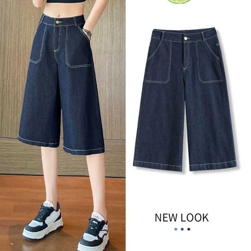 Calças de brim retas cortadas femininas verão estilo fino 2026 novo estilo cintura alta Drape solto pequenas calças de p