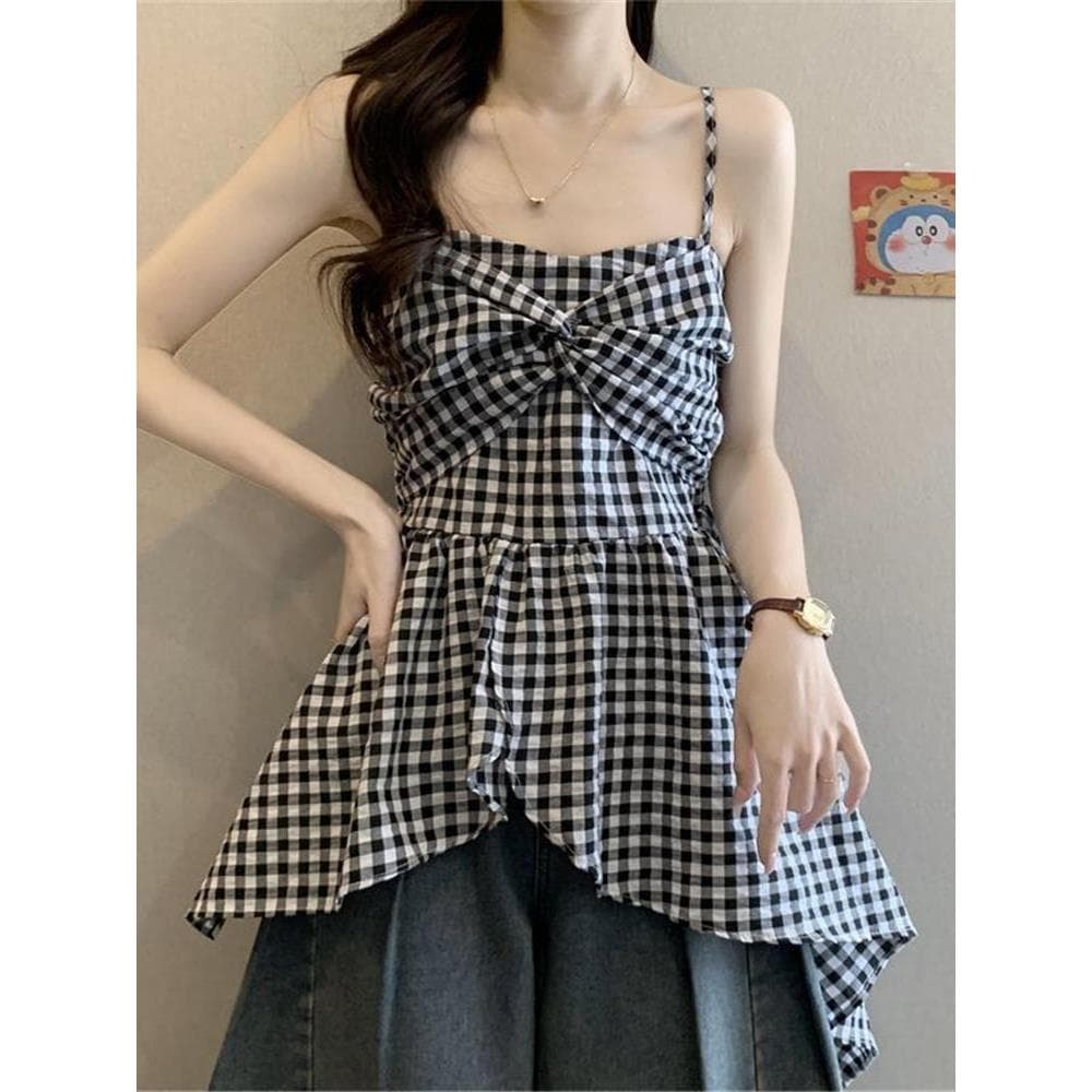 Doce estilo de férias camisa feminina novo estilo venda quente verificado estilingue topo bainha Irregular Design quente