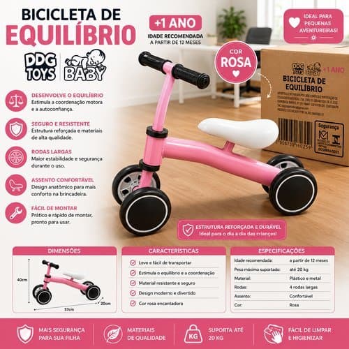 Bicicleta Equilibrio Infantil Rosa Desenvolvimento Motor Diversao Seguranca