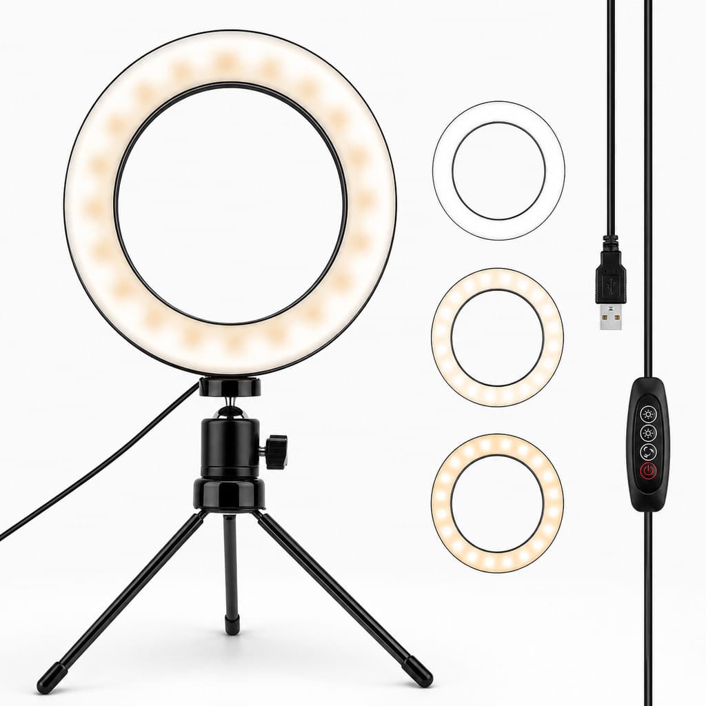 Iluminação Ring Light LED 6'' USB 10 Intensidades 3 Cores para Conteúdo Digital