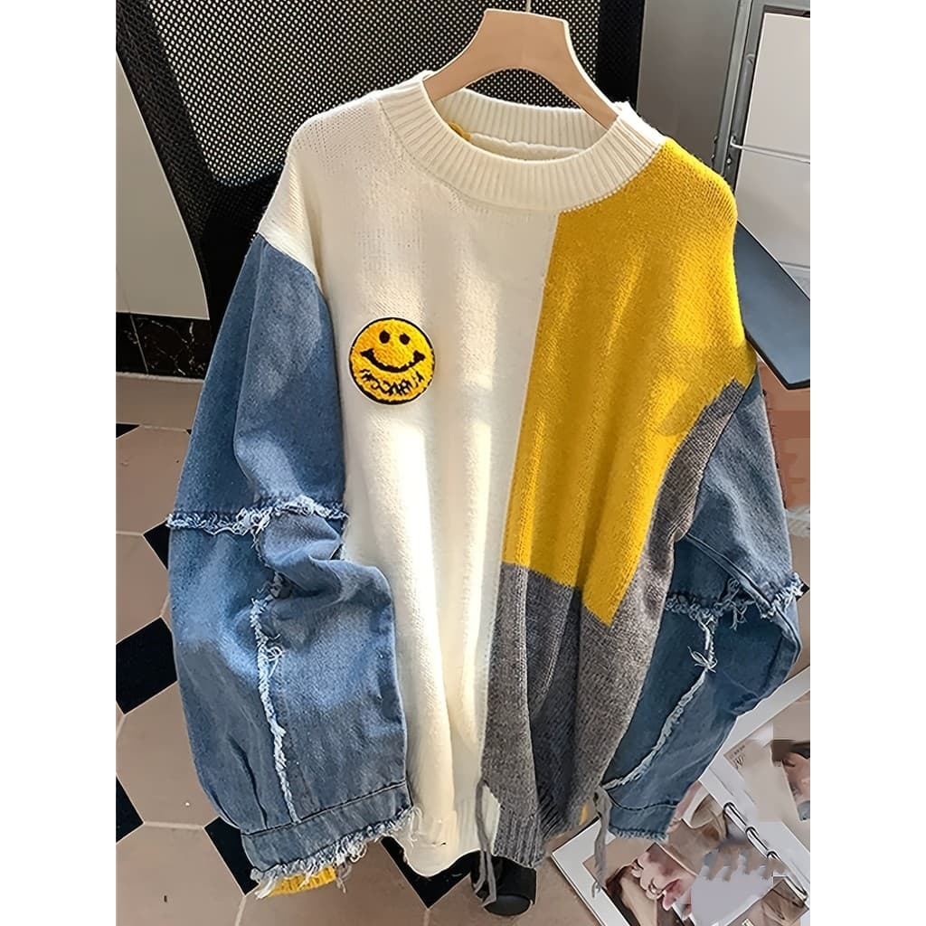 Novo Estilo Europeu e Americano de Outono/Inverno: Cardigã Pulôver de Denim com Patchwork em Blocos de Cor e Corte Relax