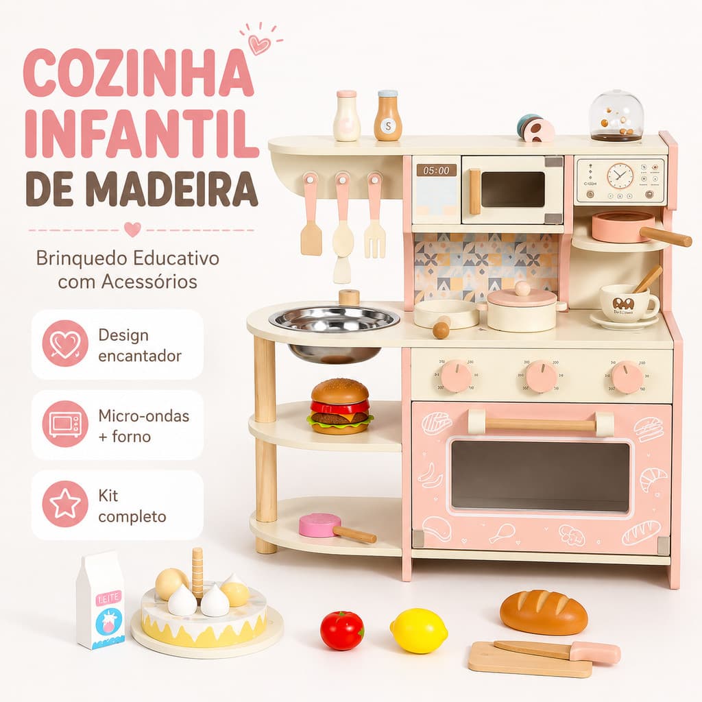 Kids Wooden Play Kitchen Set with Microwave, Oven, Sink and Accessories – Educational Pretend Play Toy for Children