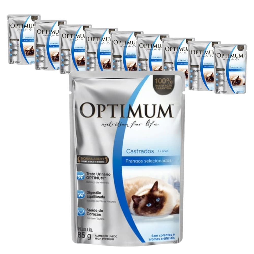 Ração Úmida Optimum Sachê para Gatos Adultos Castrados sabor Frango 85g - KIT 10 unids.