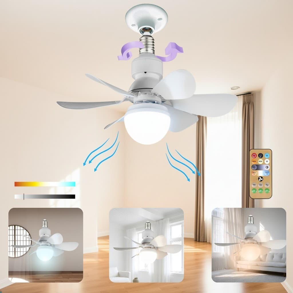 Ventilador de Teto LED 60W com Controle Remoto Bivolt E27 Silencioso 6 Pás 3 Velocidades Econômico