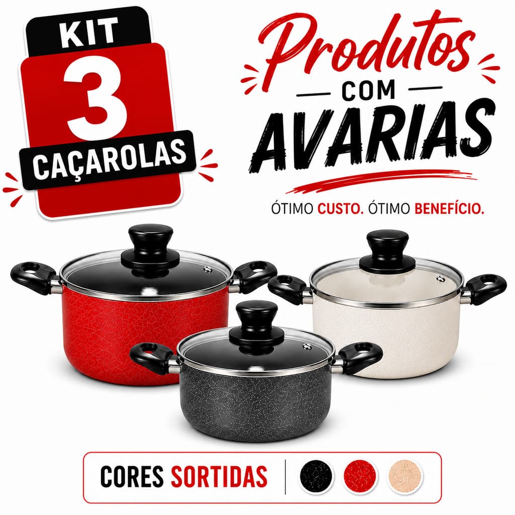 KIT 3 Panela Caçarola Antiaderente Teflon Pequenas Avarias- Cores Sortidas