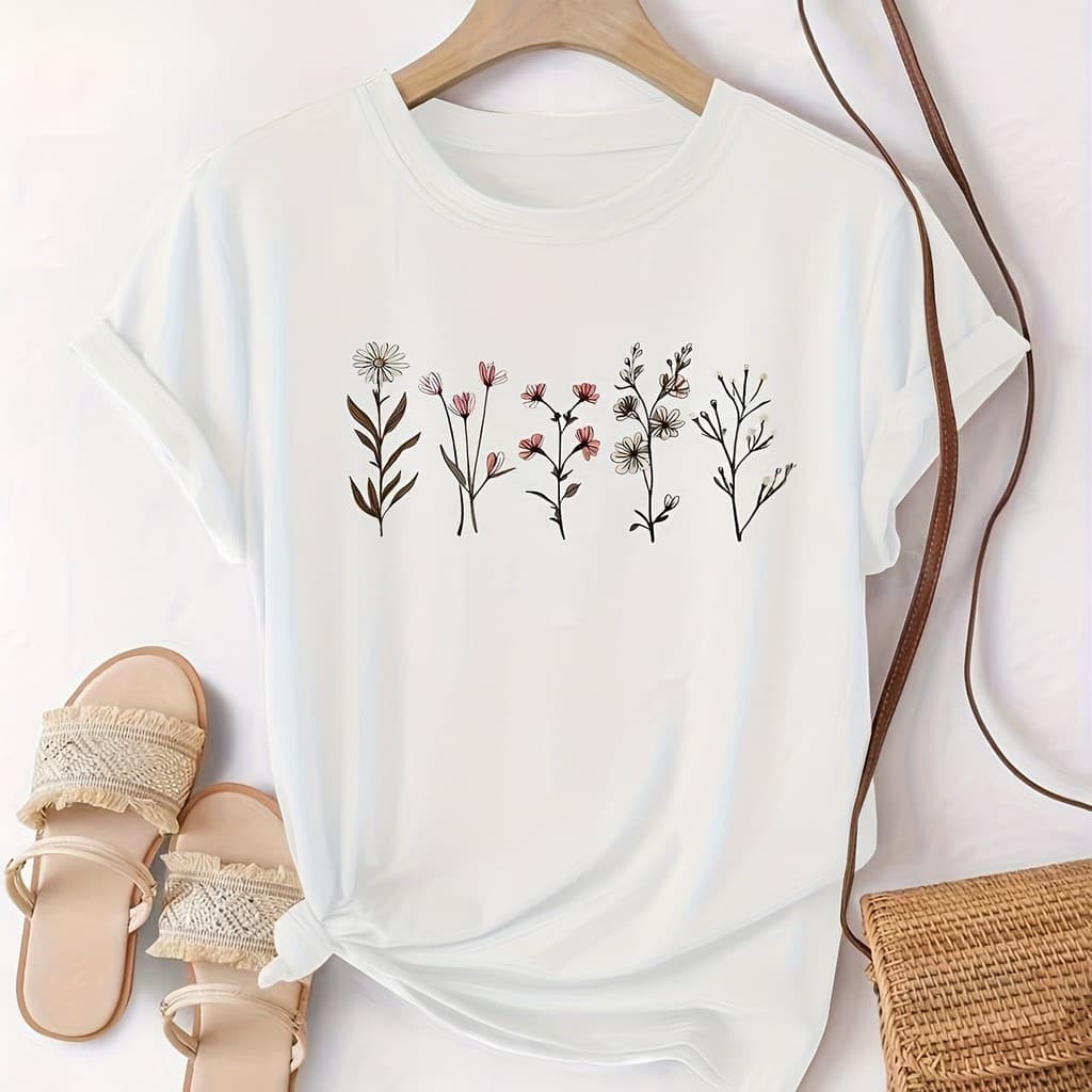 blusa T-shirt 100% ALGODÃO de Mulher com Estampado Floral Camiseta Suave para o Dia a Dia l Elegante