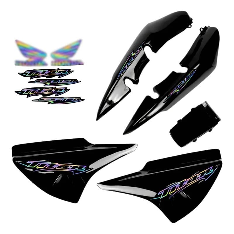 Carenagem Preta Tampas Laterais + Rabeta + Adesivos Holográfico Titan 150 Preto 2004 até 2008