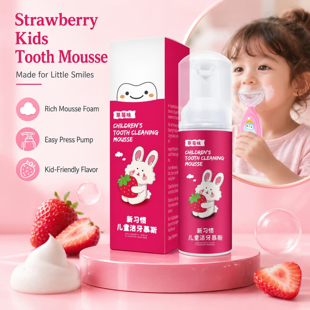 Mousse De Dente Infantil De Morango , 60ML , Creme Dental De Espuma Para Crianças , Bomba De Prensa Fácil , Cuidados Diá