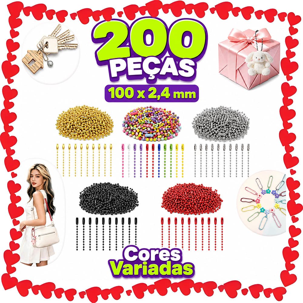 200 Correntes para Chaveiros com Fecho Seguro, 100 x 2,4 mm, Corrente de Bolinhas, Conector Removível