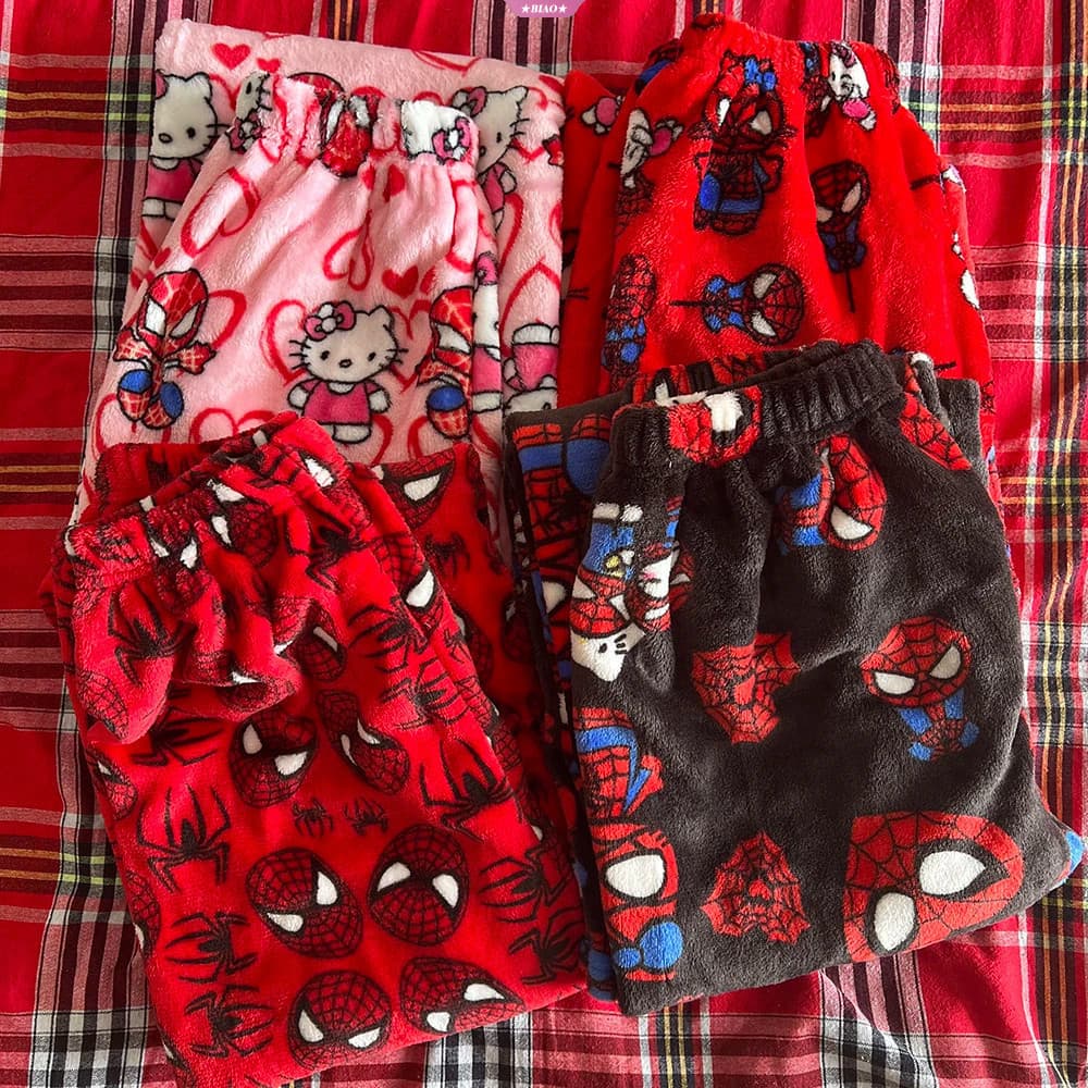 Pijama de flanela Sanrio Hello Kitty Y2K, estilo anime fofo para mulheres, calças de lã quentes e casuais para o outono