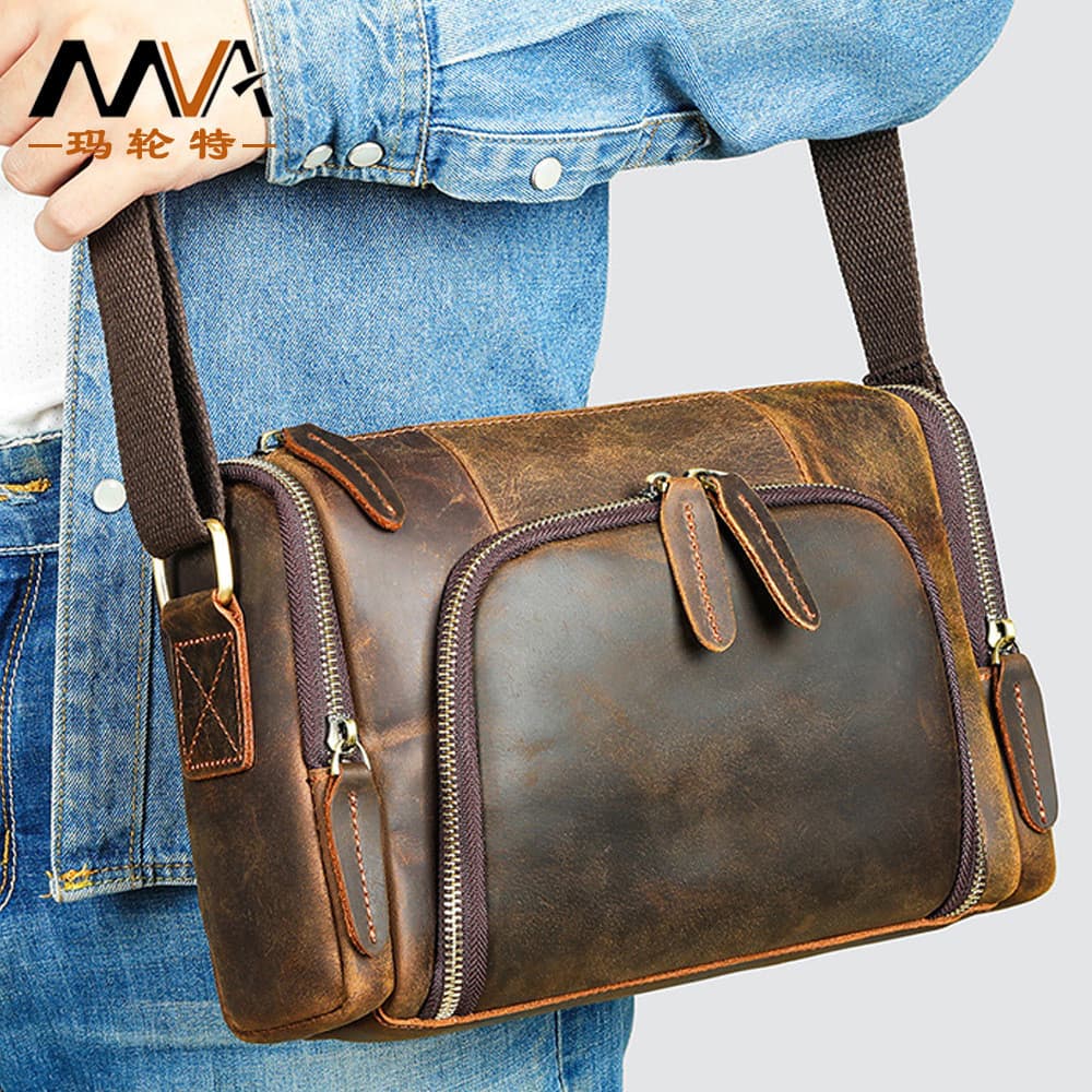Novo cavalo louco couro Horizontal cilíndrico saco masculino grande capacidade moda Retro um ombro Diagonal saco de cour