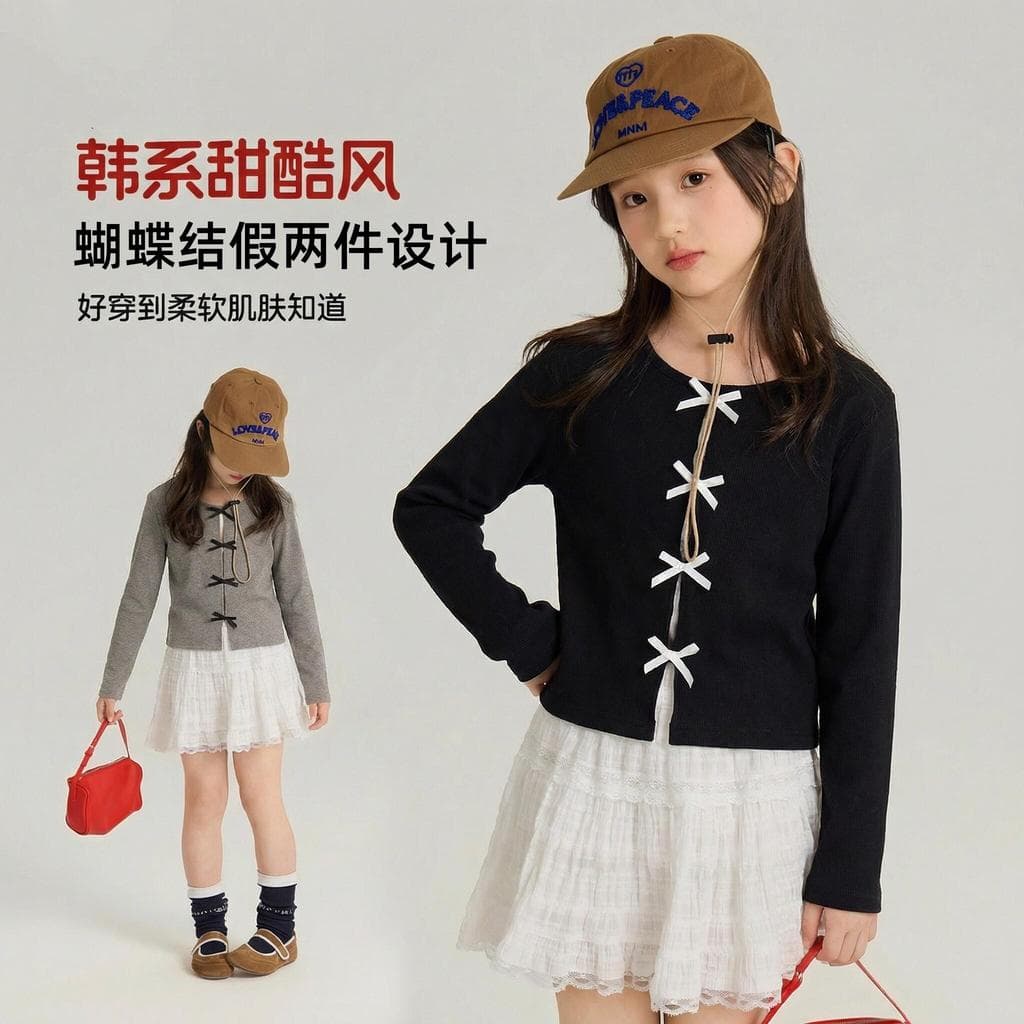 Meninas primavera manga comprida camiseta falso de duas peças 2026 novo estilo Design nicho temperamento malha magro-F