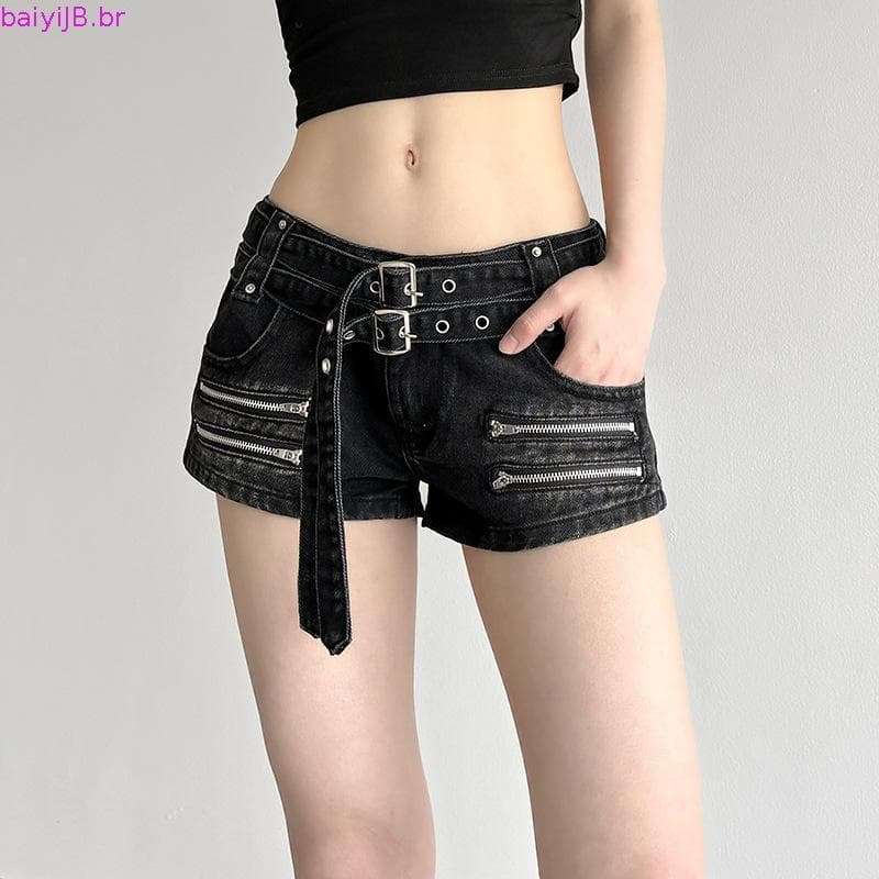 Shorts femininos casuais Y2K de verão, com design exclusivo de cinto com zíper retrô americano, em jeans gótico, versáte