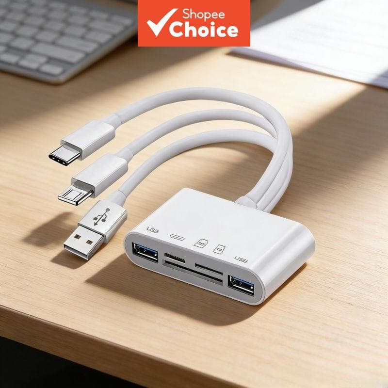Adaptador OTG 5 em 1 universal com leitor de cartões SD/TF para celulares e notebooks