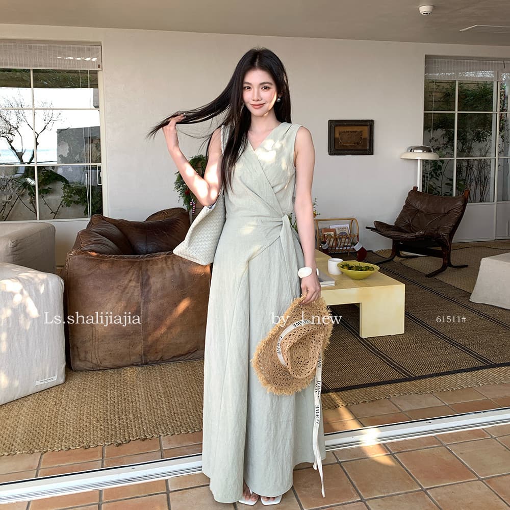 LS Vestido estilo férias com decote em v espartilho chá Break Guangzhou Treze linhas 2026 saia primavera 61511 #N3B0