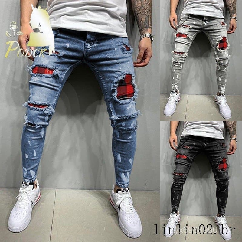 Calças Jeans Masculinas Skinny Rasgadas Estilo Streetwear Retro Lavadas Cor Sólida Casual Slim Fit