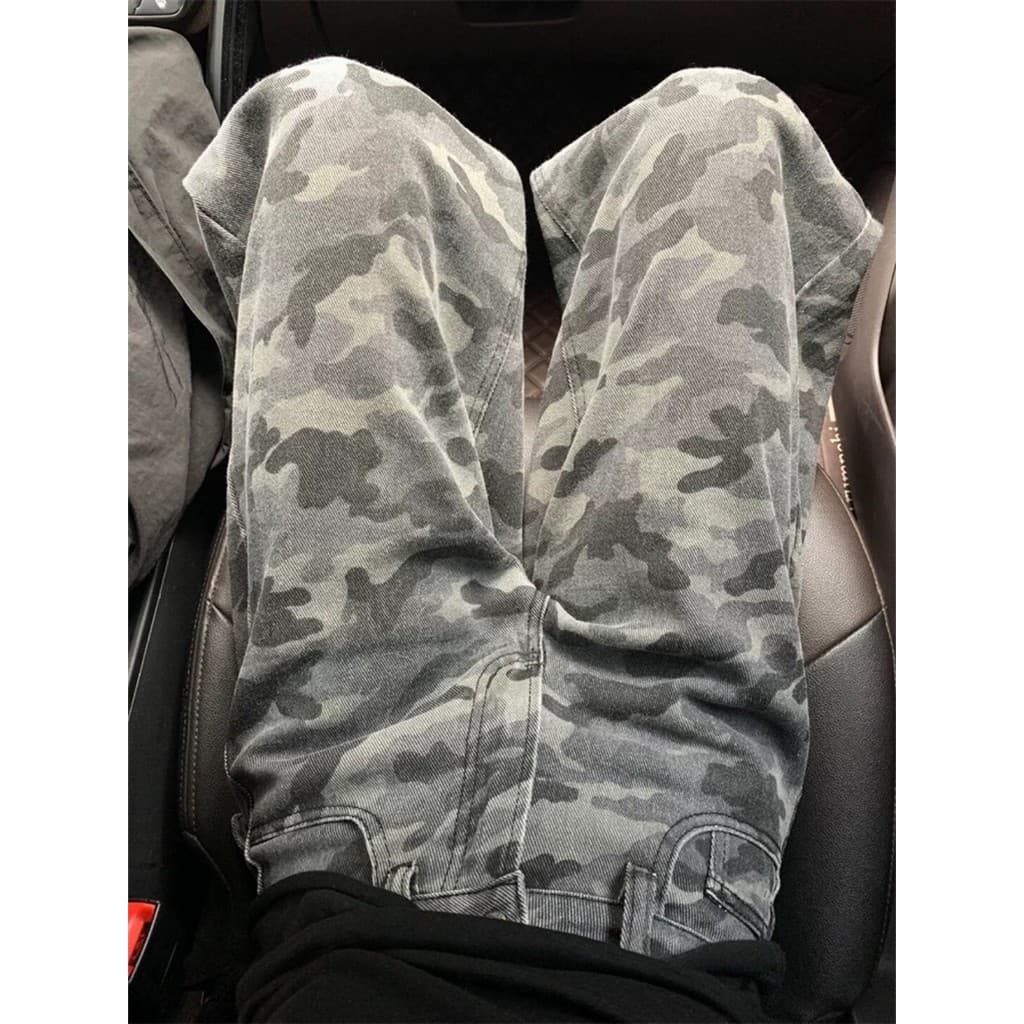 Tamanho grande americano Retro camuflagem Jeans feminino 2026 primavera novo estilo gordura mm solto mais magro olhar ma