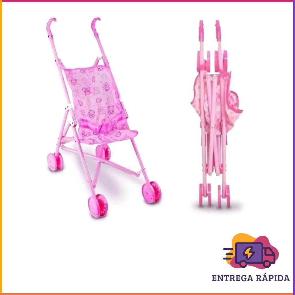 Brinquedo Carrinho Infantil de Boneca Dobrável Rosa Tecido Menina Portátil e Leve